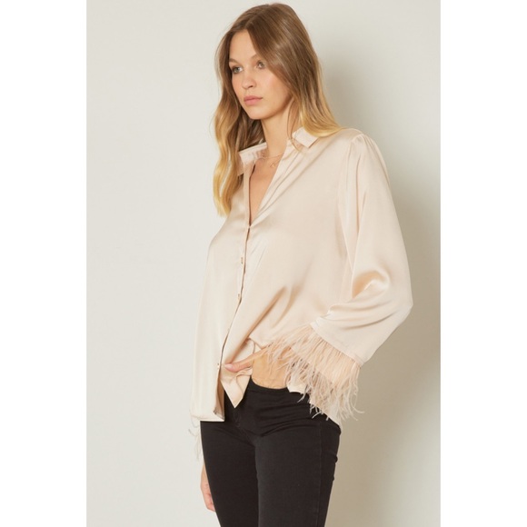 🌻🌻🌻ENTRO silk like top with faux feathers 🌻🌻🌻 - Picture 4 of 10